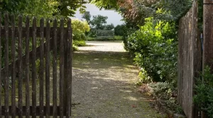 open wooden gate showing long gravel driveway